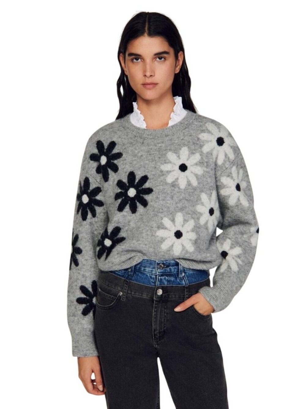 Sandro Floral Wool Sweater in Grey 2 Womens Knit Top